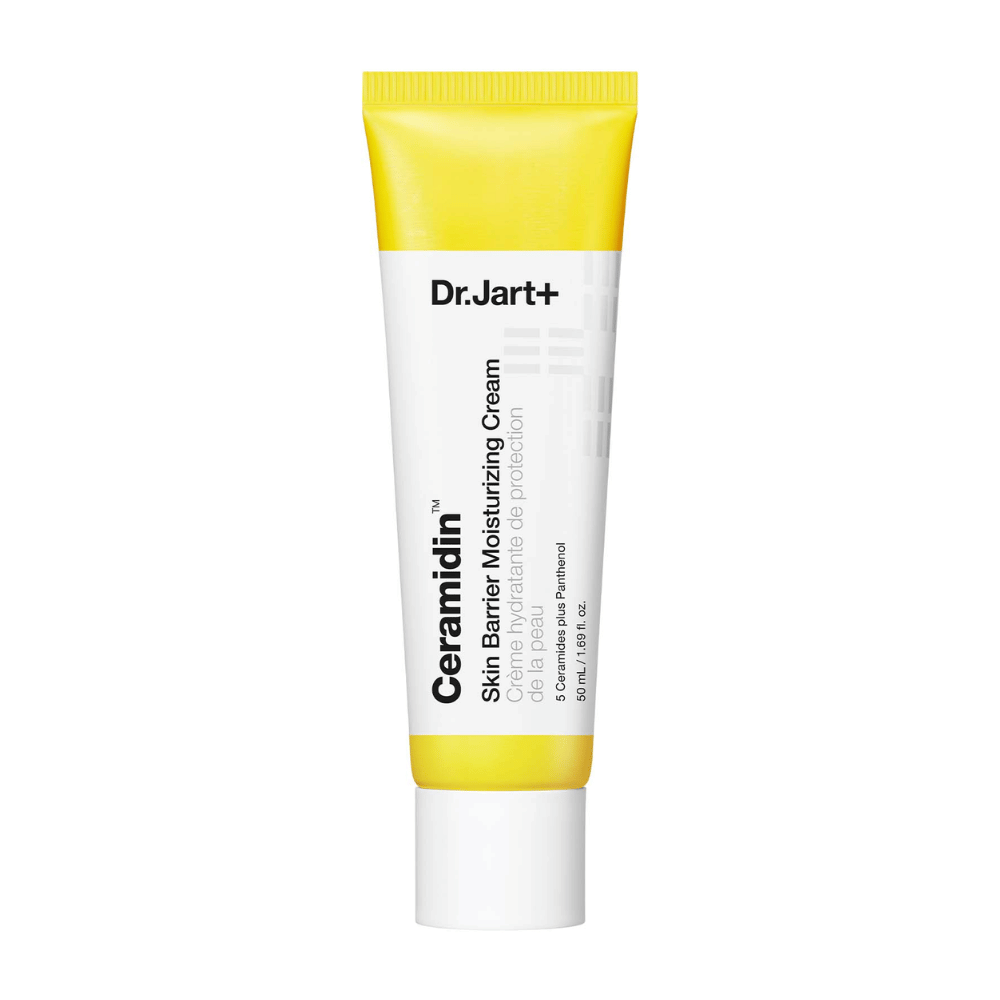 Tube med Dr. Jart+ Ceramidin Skin Barrier Moisturizing Cream, fugtgivende hudcreme.