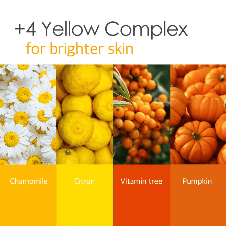 Informationsbillede om “4 Yellow Complex” med ingredienser som kamille, citron, vitamintræ og græskar. Fokus ligger på en klarere hudtone og glødgivende egenskaber.
