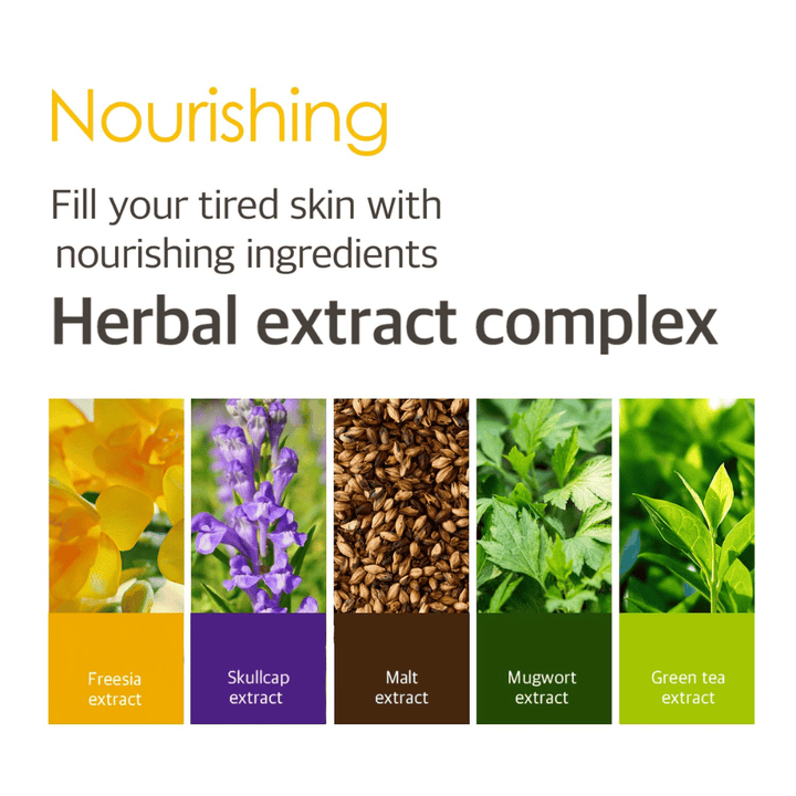 Informationsbillede om Herbal Extract Complex med planteekstrakter fra blandt andet fresia, skullcap, malt, mugwort og grøn te, som hjælper med at give næring og pleje til træt hud.