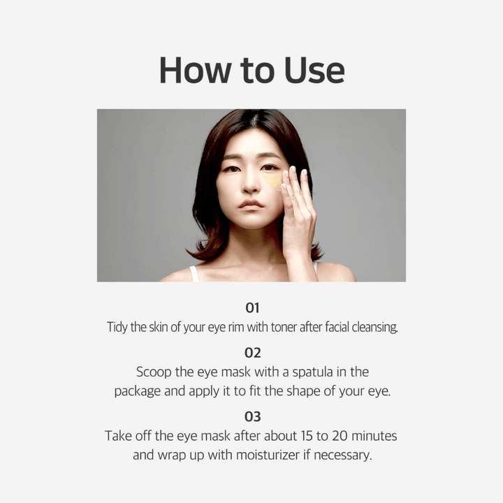 Instruktionsbillede, som viser hvordan Chamomile Lightening Hydrogel Eye Mask anvendes efter rens og toner. Guiden beskriver påføring, virketid og afsluttende fugtpleje omkring øjnene.