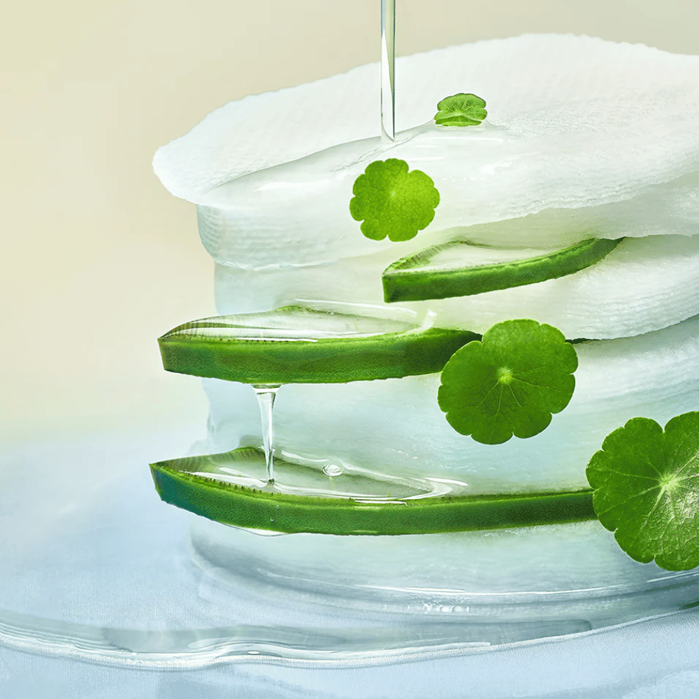 Nærbillede af aloe vera-skiver, fugtgivende toner pads og centella asiatica-blade. Gelen drypper mellem ingredienserne for at illustrere beroligende, kølende og fugtgivende egenskaber.