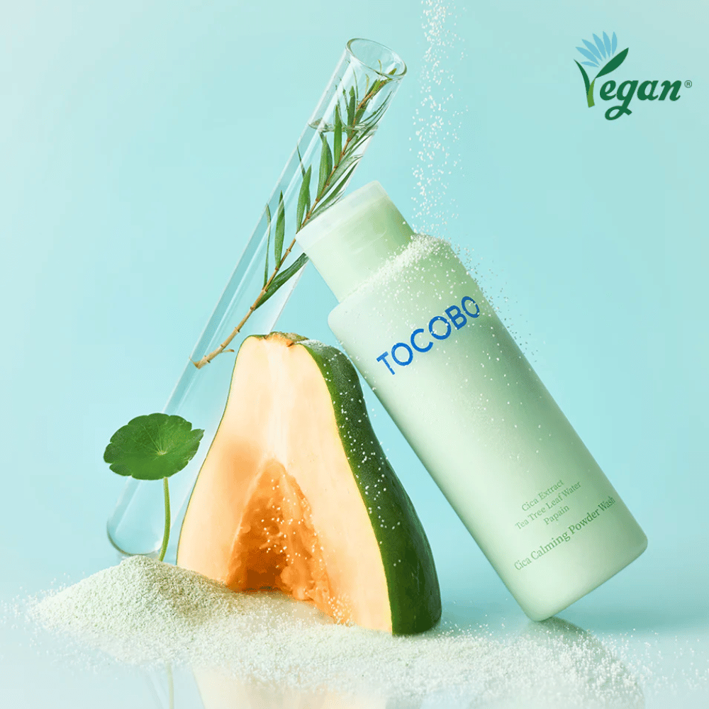 TOCOBO Cica Calming Powder Wash med melon og planteekstrakter, som giver mild eksfoliering og fugt.