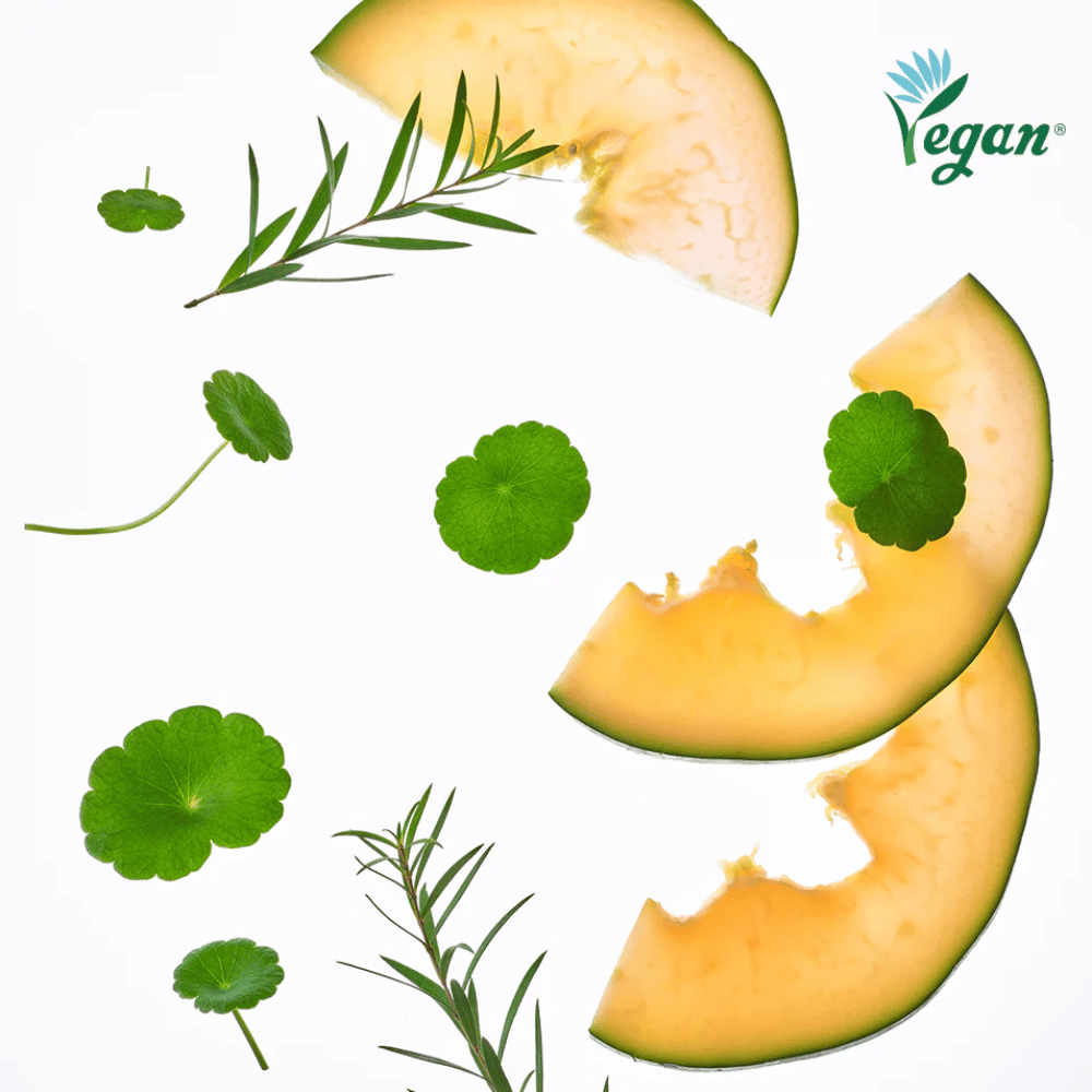 Vegansk hudpleje med melon, centella asiatica og planteekstrakter, som beroliger huden og giver fugt.