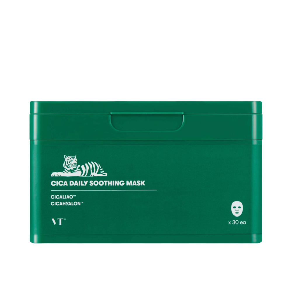 Grøn emballage med teksten "Cica Daily Soothing Mask" og en hvid illustration af en tiger, indeholdende 30 sheet masks.