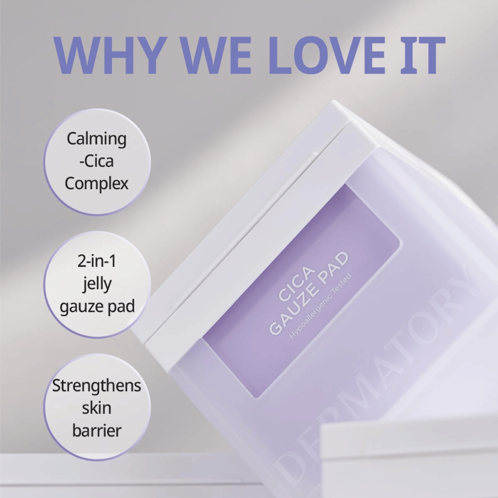 Billede af Cica Gauze Pad med teksten 'Why We Love It'. Produktet indeholder et beroligende Cica-kompleks, fungerer som en 2-i-1 gel-bandage og styrker hudens barriere. Perfekt til sensitiv hud.