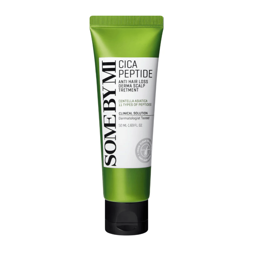 SOME BY MI Cica Peptide Anti Hair Loss Derma Scalp Treatment i grøn og hvid tube med sort låg, produkt mod hårtab og til hovedbundspleje.