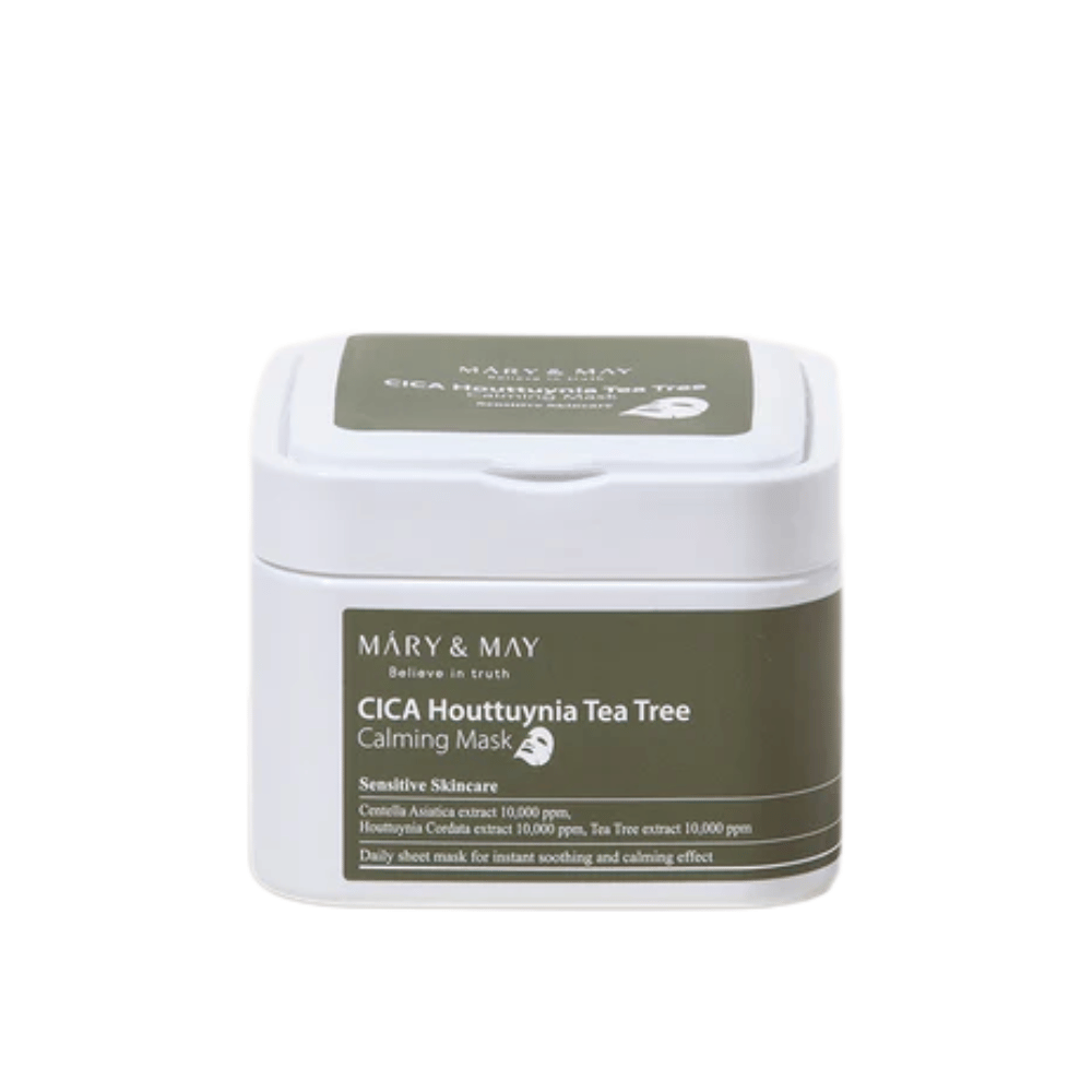 Mary & May Cica Houttuynia Tea Tree Calming Mask – krukke med beroligende sheetmasker til sensitiv hud, beriget med centella, houttuynia og tea tree-ekstrakt.