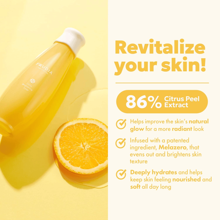 FRUDIA Citrus Brightening Toner med 86 % citrus peel extract – fugtgivende og glansgivende toner, der forbedrer hudens naturlige glød og giver blød, strålende hud.