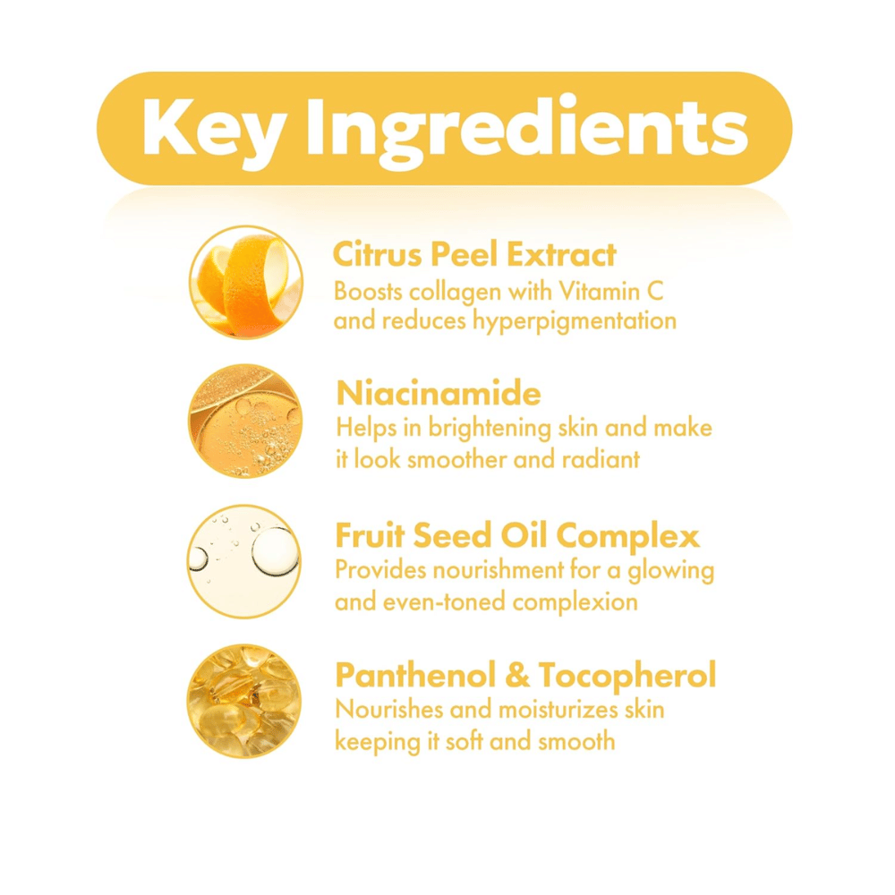 FRUDIA Citrus Brightening Toner – nøgleingredienser som citrus peel extract, niacinamide, fruit seed oil complex samt panthenol og tocopherol for klarere og jævnere hud.