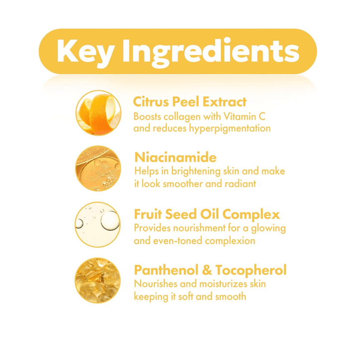 FRUDIA Citrus Brightening Toner – nøgleingredienser som citrus peel extract, niacinamide, fruit seed oil complex samt panthenol og tocopherol for klarere og jævnere hud.