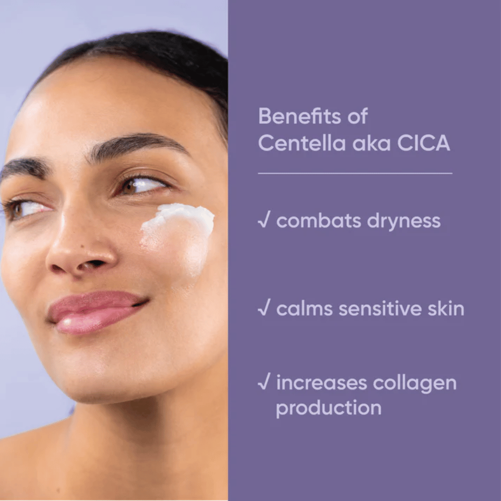 Person, der påfører ansigtscreme, grafik, der viser fordelene ved Centella Asiatica (CICA) i Clean It Zero Calming Cleansing Balm til tør, følsom hud og øget kollagenproduktion.