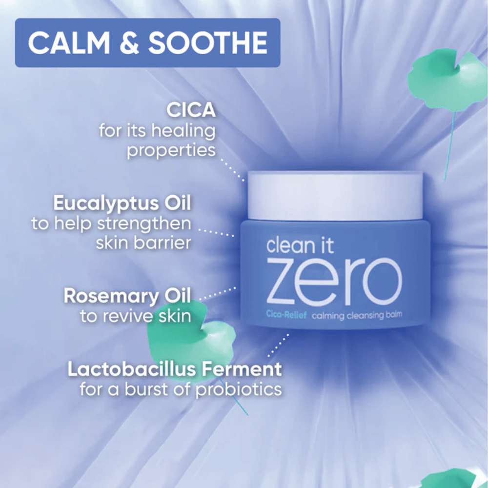 Informationsbillede for Clean It Zero Cica-Relief Calming Cleansing Balm, der fremhæver beroligende ingredienser som CICA, eukalyptusolie, rosmarinolie og lactobacillus ferment for styrket hudbarriere.