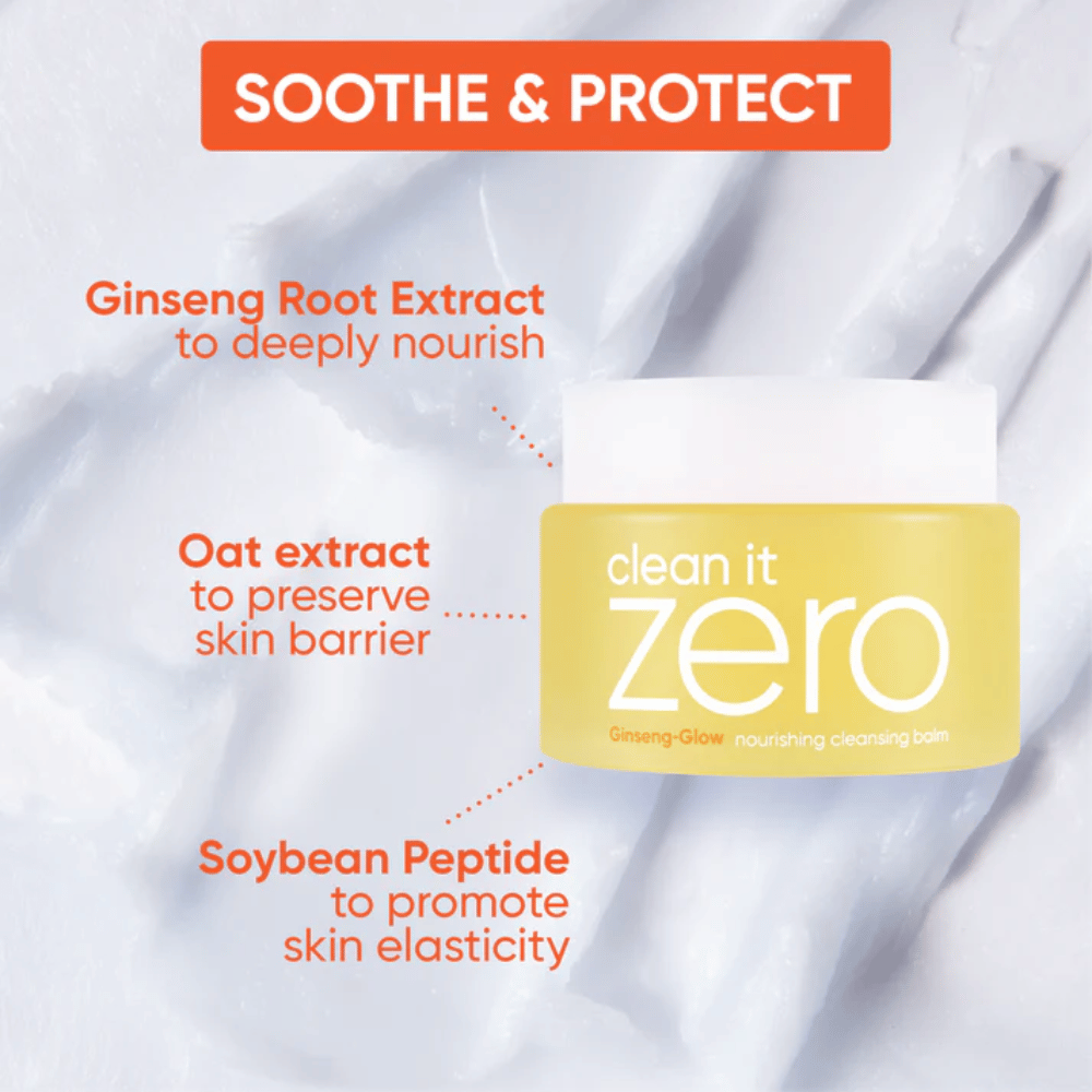 Clean It Zero Ginseng-Glow Cleansing Balm fra BANILA CO med ginseng, havreekstrakt og sojapeptider, udviklet til at berolige, beskytte og styrke hudbarrieren samtidig med at makeup og snavs opløses.