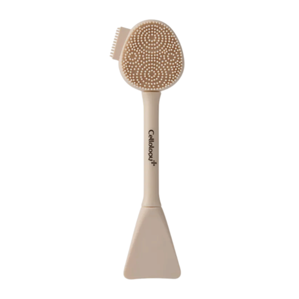 3. Cellolopy Cleaning Brush – beige ansigtsbørste med bløde silikonepigge og spartel til påføring af ansigtsmasker
