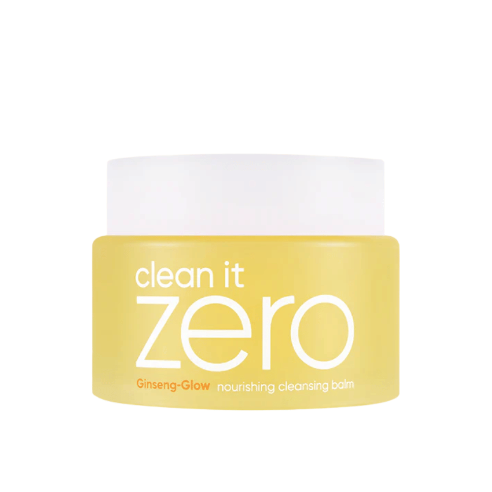 Clean It Zero Ginseng-Glow Nourishing Cleansing Balm i gul krukke på hvid baggrund, en fugtgivende rensebalm fra BANILA CO som effektivt fjerner makeup og urenheder.