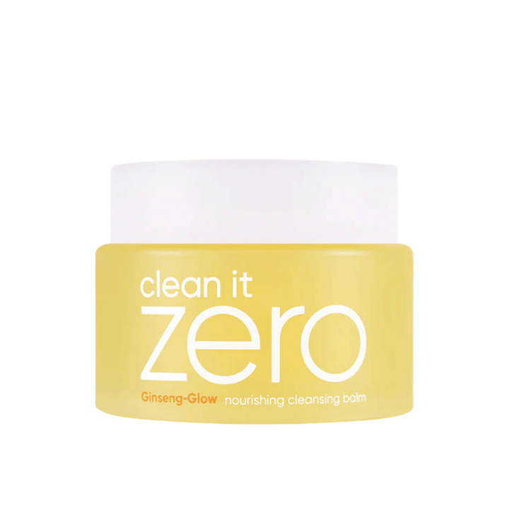 Clean It Zero Ginseng-Glow Nourishing Cleansing Balm i gul krukke på hvid baggrund, en fugtgivende rensebalm fra BANILA CO som effektivt fjerner makeup og urenheder.