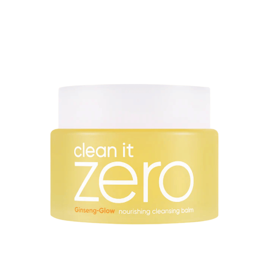 Clean It Zero Ginseng-Glow Nourishing Cleansing Balm i gul krukke på hvid baggrund, en fugtgivende rensebalm fra BANILA CO som effektivt fjerner makeup og urenheder.