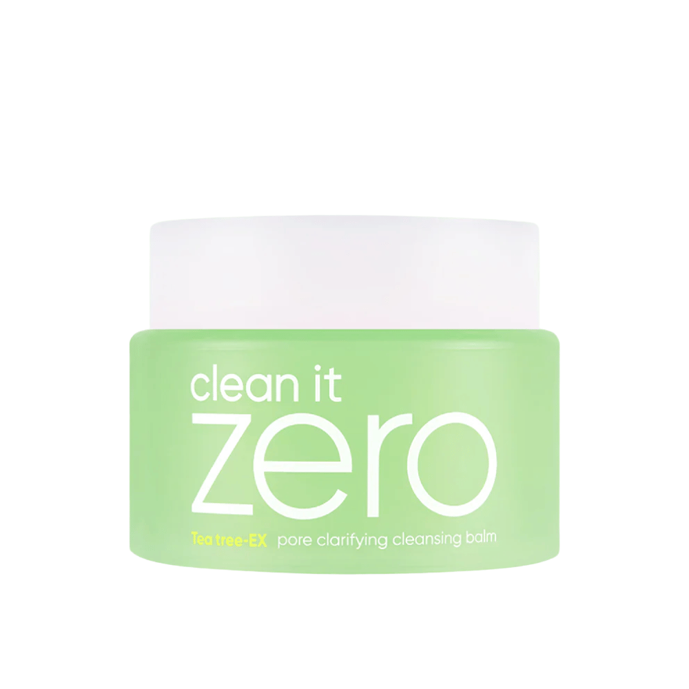 Clean It Zero Tea Tree-EX Pore Clarifying Cleansing Balm i grøn krukke på hvid baggrund, udviklet til fedtet og kombineret hud, der har brug for balancerende og porerensende rens.
