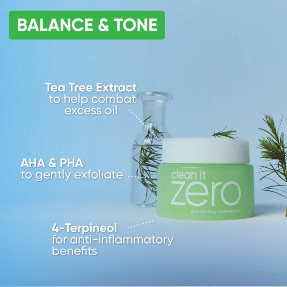 Clean It Zero Pore Clarifying Cleansing Balm med Tea Tree-ekstrakt, AHA og PHA, der balancerer huden, reducerer overskydende olie og eksfolierer skånsomt for en klarere hudtone.