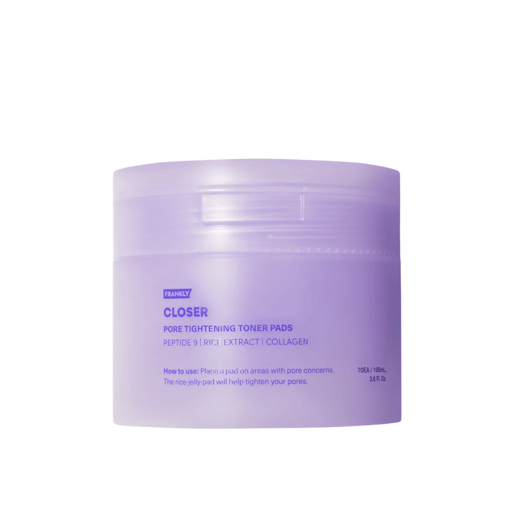 Produktbillede af FRANKLY Closer Pore Tightening Toner Pads i lilla krukke. Toner pads med peptider, risekstrakt og kollagen til poreraffinering.
