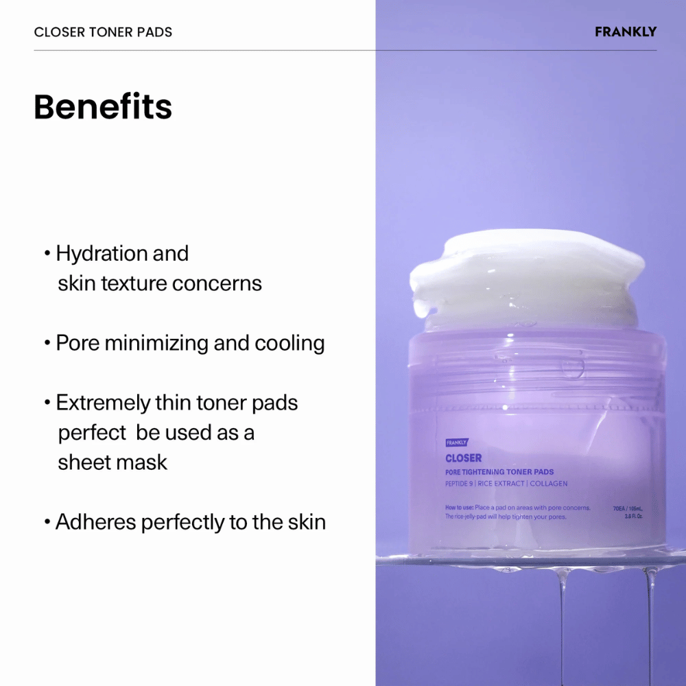 Lilla krukke med FRANKLY Closer Toner Pads fyldt med tynde, fugtgivende pads. Tekst beskriver fordele som poreminimering og kølende effekt.