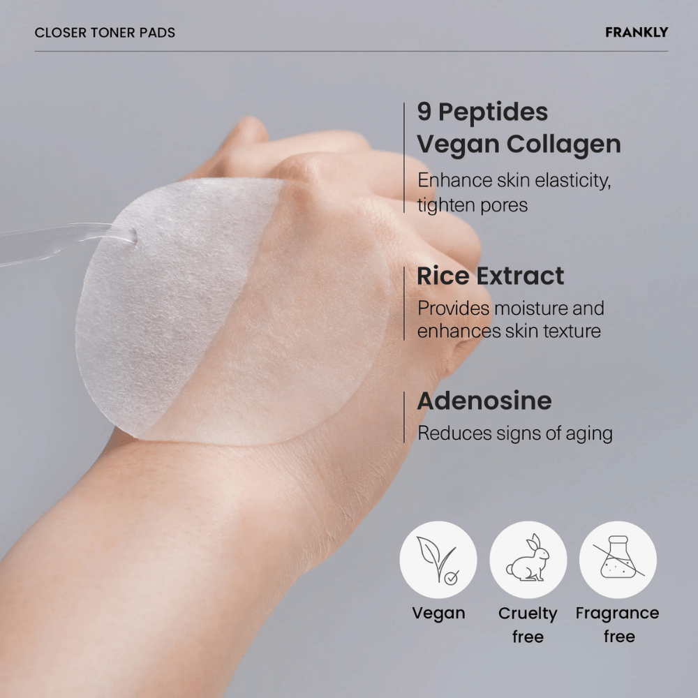 Nærbillede af FRANKLY Closer Toner Pad på hånd. Tekst viser ingredienser som 9 peptider, vegansk kollagen, risekstrakt og adenosin. Vegansk og cruelty-free.
