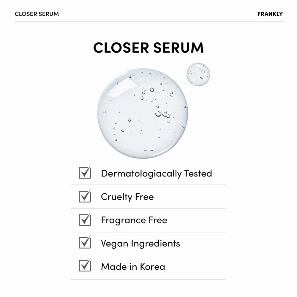 FRANKLY Closer Serum med gennemsigtig gel og liste over egenskaber: dermatologisk testet, vegansk, cruelty-free og parfumefri.