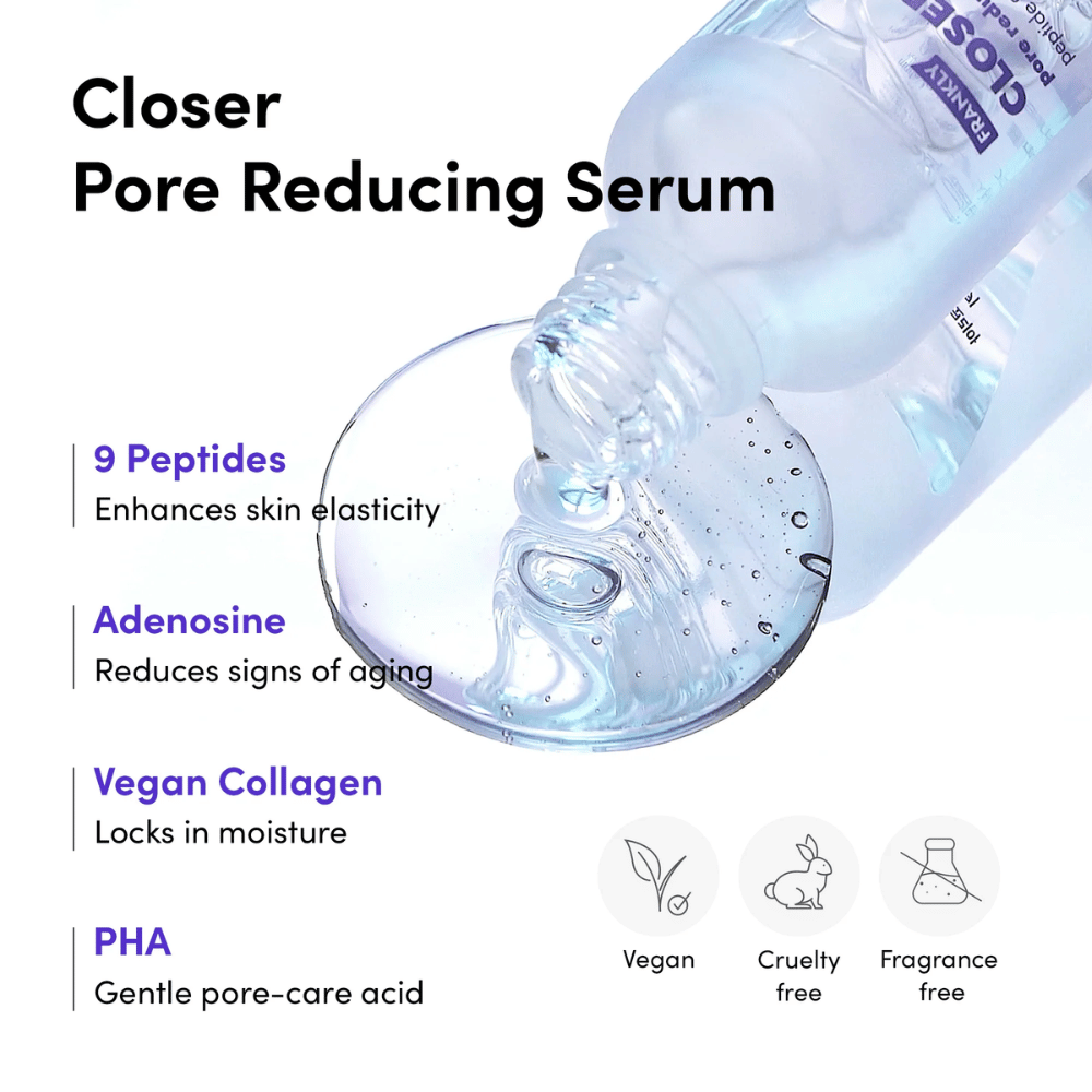 Nærbillede af FRANKLY Closer Pore Reducing Serum med ingredienser: 9 peptider, adenosin, vegansk kollagen og PHA. Vegansk og cruelty-free formel.