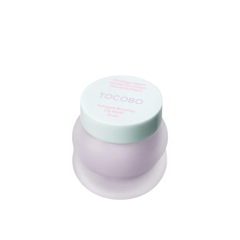 Nærbillede af lukket krukke TOCOBO Collagen Boosting Lip Mask med mintgrønt låg mod hvid baggrund.