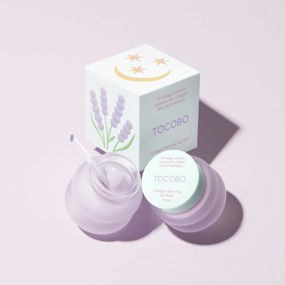 TOCOBO Collagen Boosting Lip Mask med emballage dekoreret med lavendel og månesymboler.