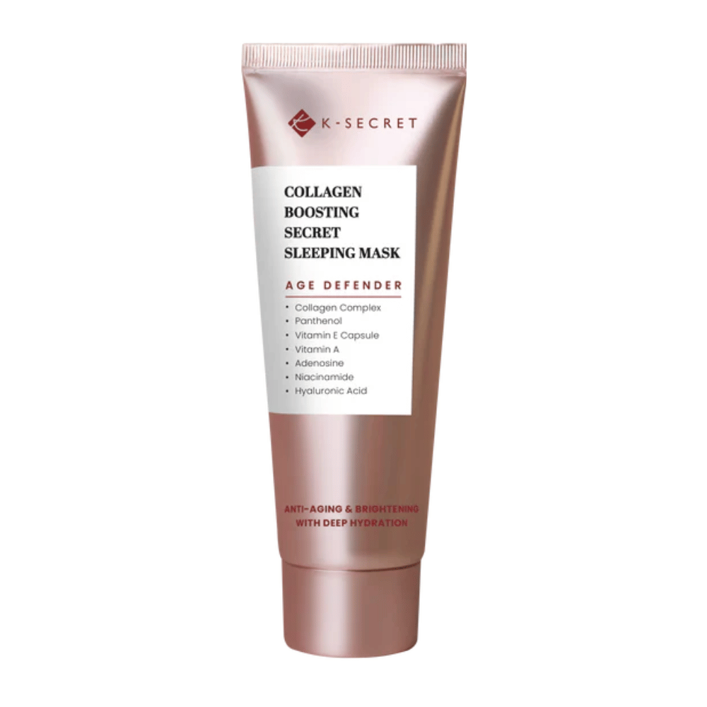 Produktbillede på K-SECRET Collagen Boosting Secret Sleeping Mask i en rosaguldfarvet tube med tekst, der fremhæver anti-aging, fugtighed og ingredienser som kollagen, panthenol og hyaluronsyre.
