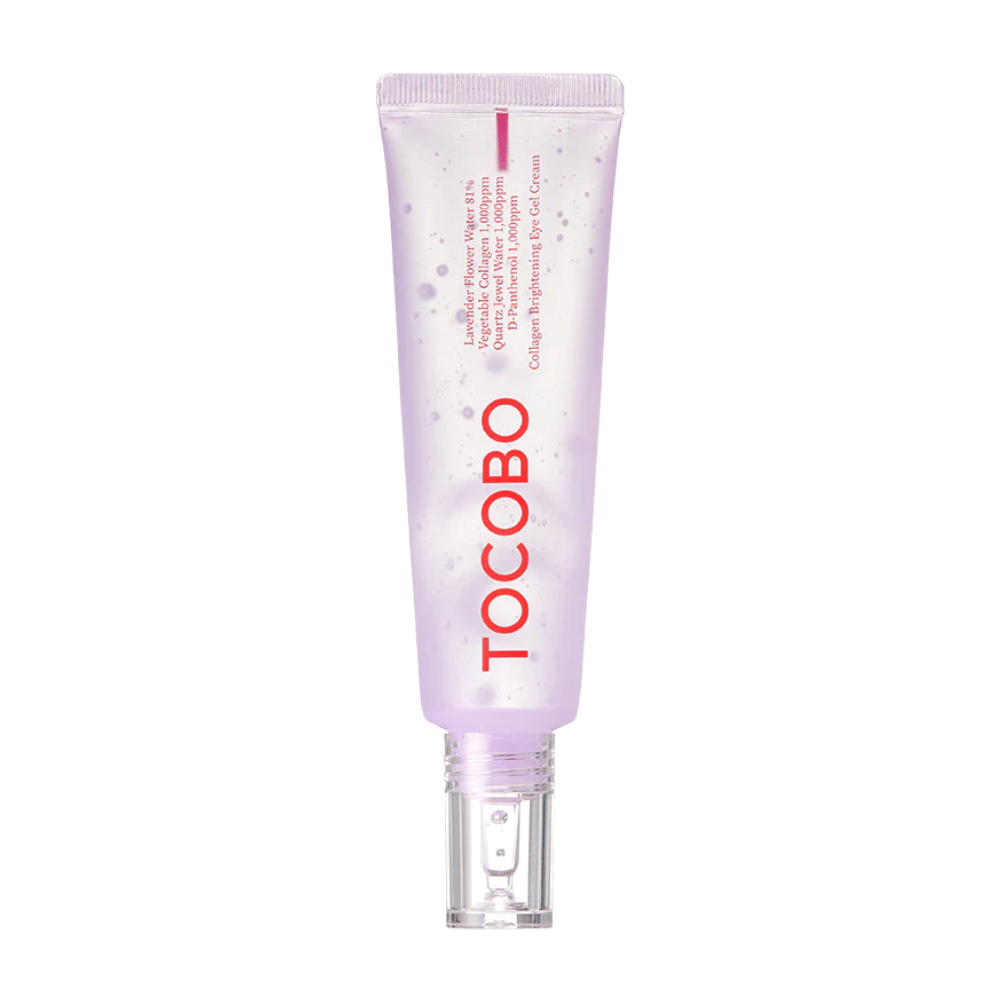 Produktet på billedet er "Collagen Brightening Eye Gel Cream" fra TOCOBO. Det er en øjengel i en lilla tube med hvide prikker, designet til at lysne og forbedre hudens udseende omkring øjnene.