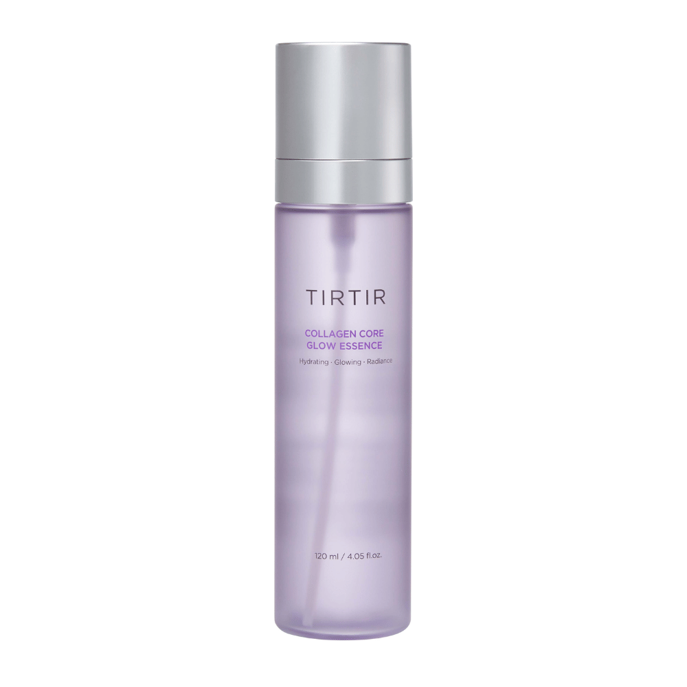 Produktbillede af TIRTIR Collagen Core Glow Essence – en glansgivende essence i stilren lilla flaske, der fugter og forbedrer hudens elasticitet.