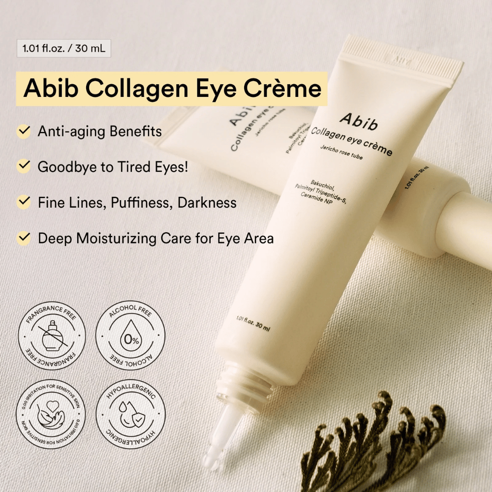 Abib Collagen Eye Crème med tekst om anti-aging og intensiv fugt for øjenområdet. Fri for alkohol, parfume og hypoallergen.