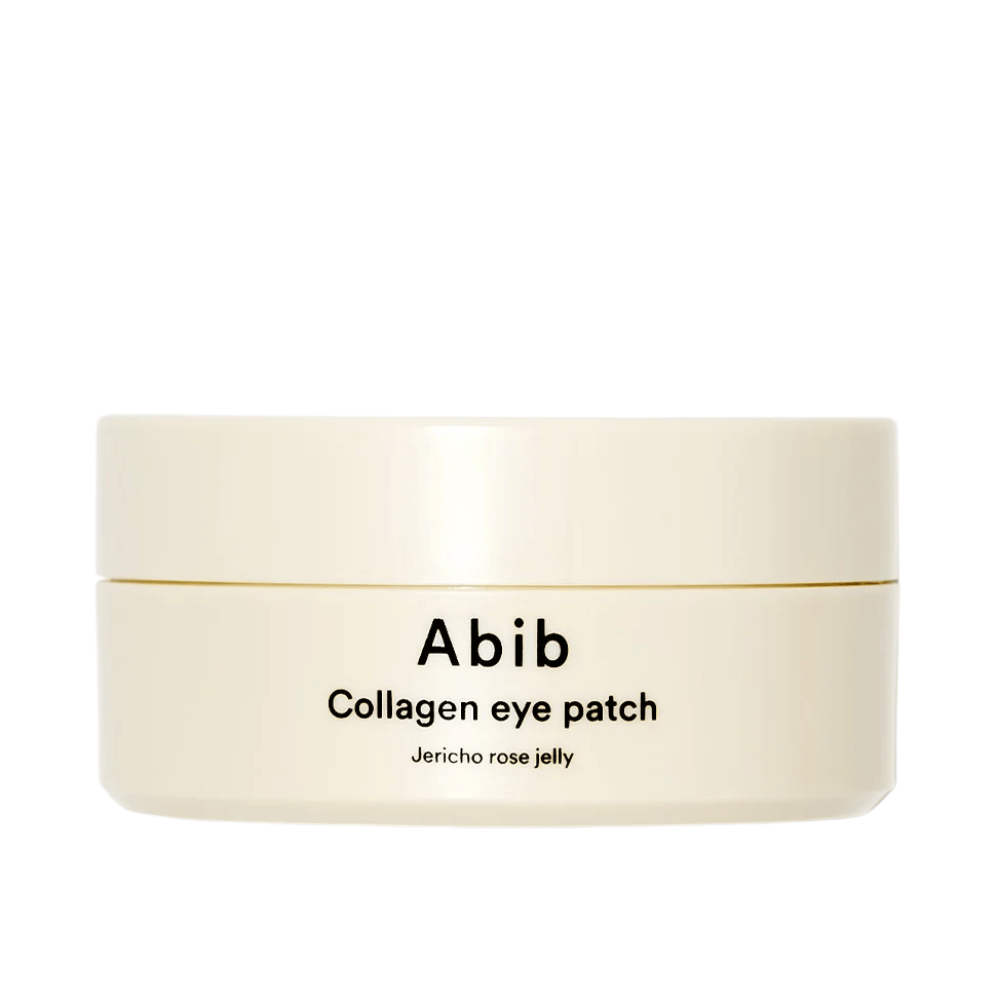 Emballage af Abib Collagen Eye Patch Jericho Rose Jelly – en beige krukke med sort tekst, designet til at pleje området under øjnene med kollagen og fugtgivende ingredienser.