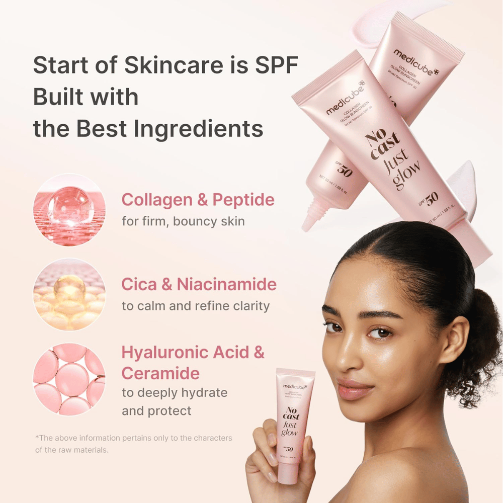 Medicube Collagen Glow Sunscreen SPF 50 med kollagen, peptider, niacinamid og hyaluronsyre. Model holder den lyserøde solbeskyttelsestube op.