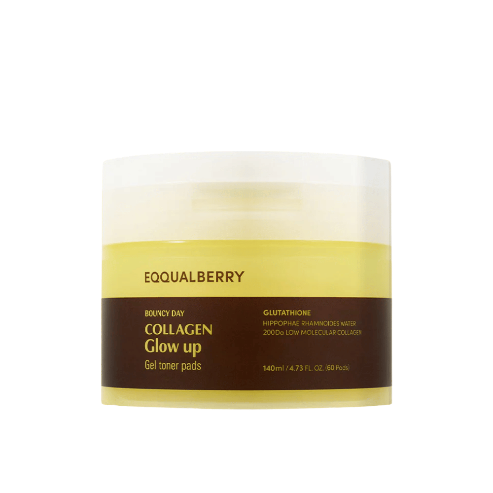 Bouncy Day Collagen Glow Up Gel Toner Pads, indeholdende lavmolekylært kollagen og glutathion, for at forbedre hudens elasticitet og give en ungdommelig glød. Emballage med 60 pads.