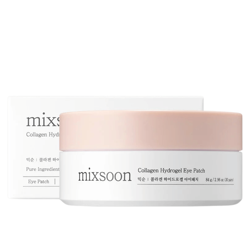 Billede af Mixsoon Collagen Hydrogel Eye Patch, som viser en krukke med lyserødt låg og hvid base. Krukken indeholder 84 g (30 par) øjenplastre. Kartonen er stilren og giver en følelse af luksuriøs hudpleje. Produktet er designet til at give fugt og næring til huden under øjnene.