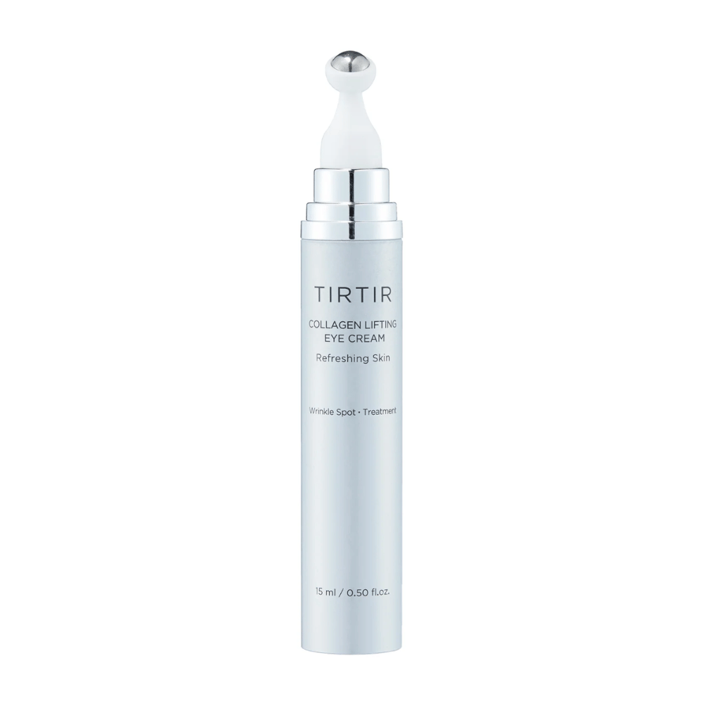 Tube med TIRTIR Collagen Lifting Eye Cream mod en ren baggrund, designet til opfriskende hudpleje.