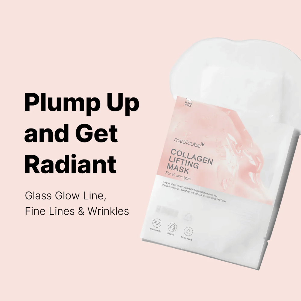 Emballagen af "Medicube Collagen Lifting Mask," en ansigtsmaske med fokus på at plumpe huden op og give et strålende look. Produktet henvender sig til alle hudtyper og er designet til at modvirke fine linjer og rynker. Teksten "Plump Up and Get Radiant" fremhæver maskens egenskaber, mens grafiske elementer giver en moderne og tiltalende præsentation.