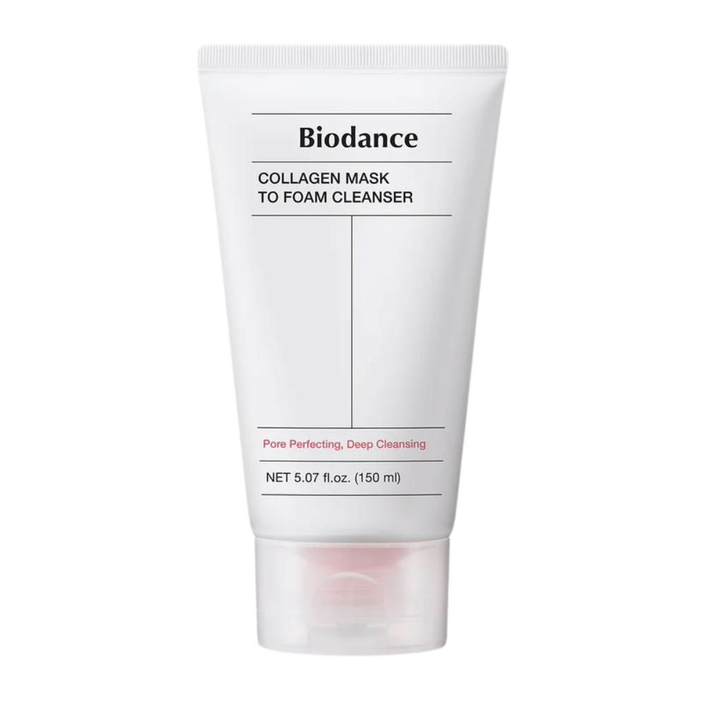 Produktbillede på Biodance Collagen Mask to Foam Cleanser i hvid tube med sort tekst og lyserøde detaljer. Rummer 150 ml og markedsføres som dybderensende og poreforbedrende.