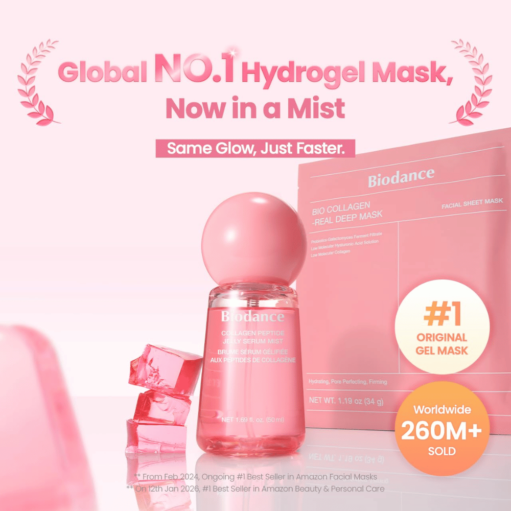Biodance Collagen Peptide Jelly Serum Mist sammen med Biodance Bio-Collagen Real Deep Mask – hydrogelinspireret hudpleje til glød og fugt.