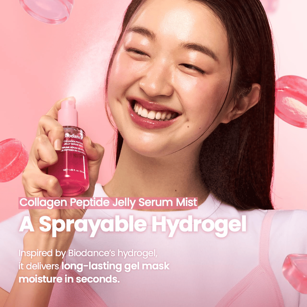 Biodance Collagen Peptide Jelly Serum Mist – spraybar hydrogel-inspireret ansigtsmist til hurtig og langvarig fugt.