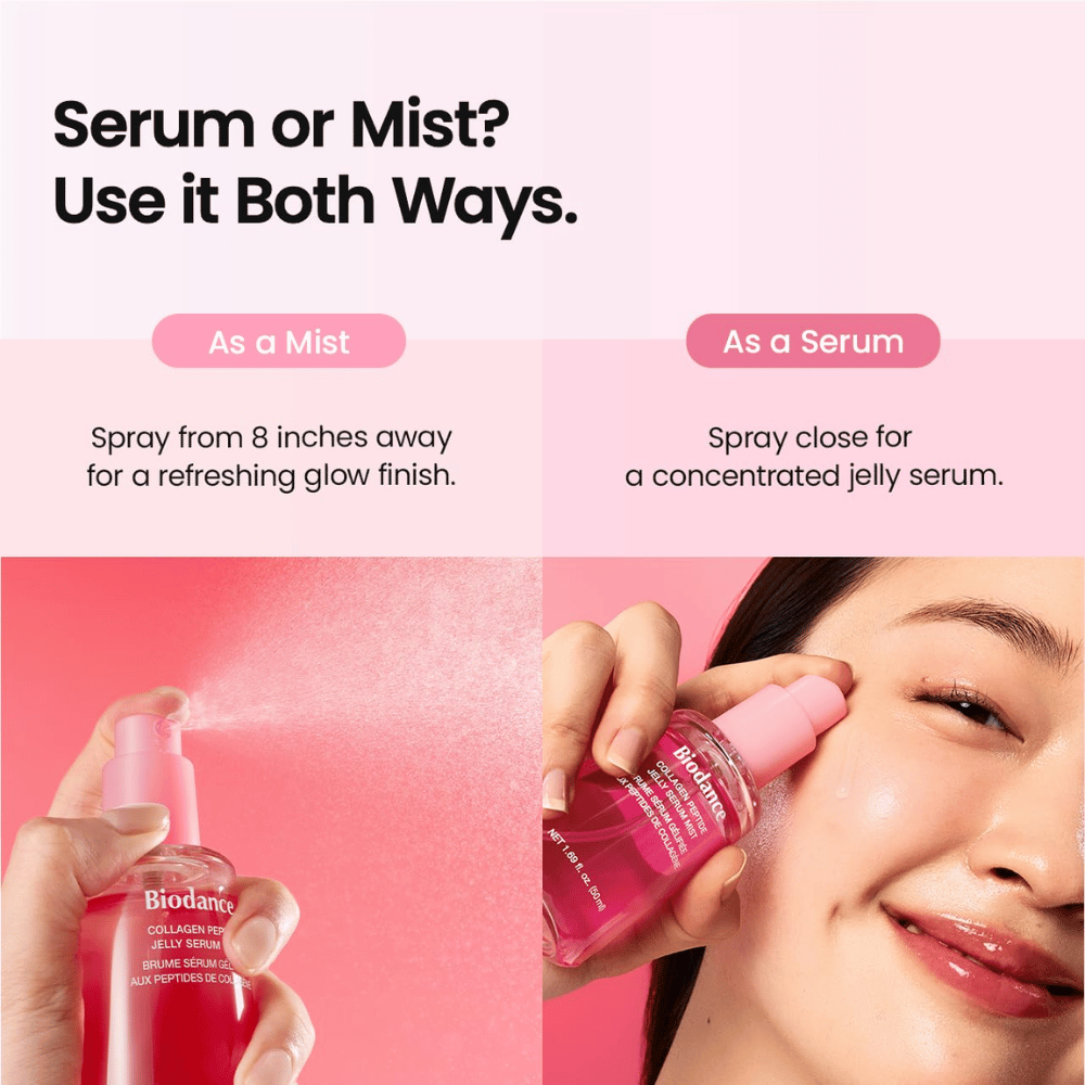 Biodance Collagen Peptide Jelly Serum Mist kan bruges både som ansigtsmist og serum til fugt og en frisk, glødgivende finish.