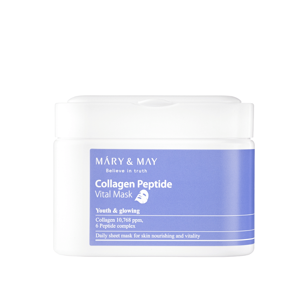 Collagen Peptide Vital Mask" fra MARY & MAY i en hvid og lilla krukke. Produktet indeholder 10,768 ppm kollagen og et peptidkompleks for at give huden næring og glød. Denne daglige ansigtsmaske er designet til at give en ungdommelig og strålende hud