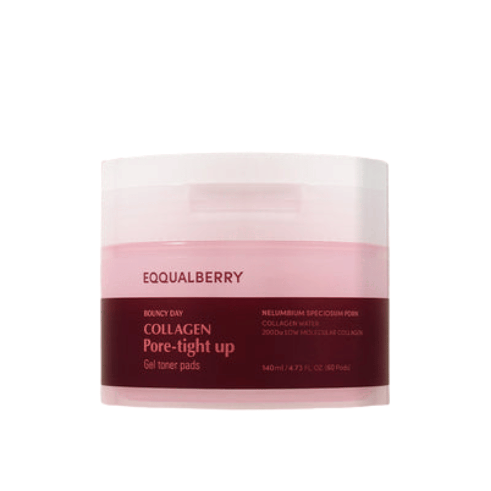 En krukke med Bouncy Day Collagen Pore-Tight Up Gel Toner Pads. Krukken er lyserød og rød, og indeholder 140 ml produkt, der hjælper med at stramme huden op og mindske porestørrelse.