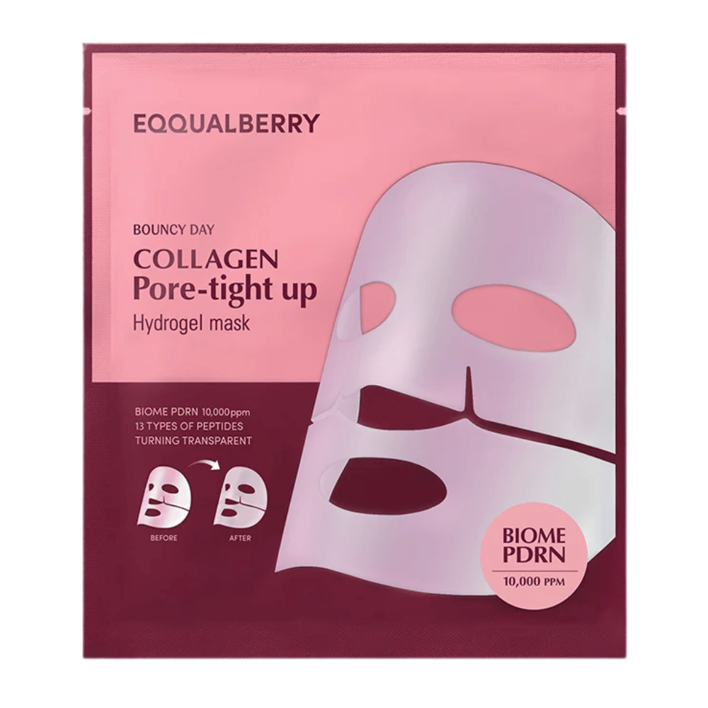 Emballagen til Collagen Pore-tight Up Hydrogel Mask, en ansigtsmaske med biome PDRN og 13 typer peptider, ses i en lyserød emballage med før- og efterbilleder af maskens effekter.