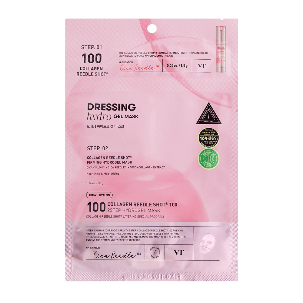 Emballage af VT Collagen Reedle Shot 100 2-Step Hydrogel Mask i rosa design. Viser trin 1 med Cica Reedle™ og trin 2 med opstrammende hydrogelmaske indeholdende CICAHYALON™ og 500Da kollagenekstrakt.