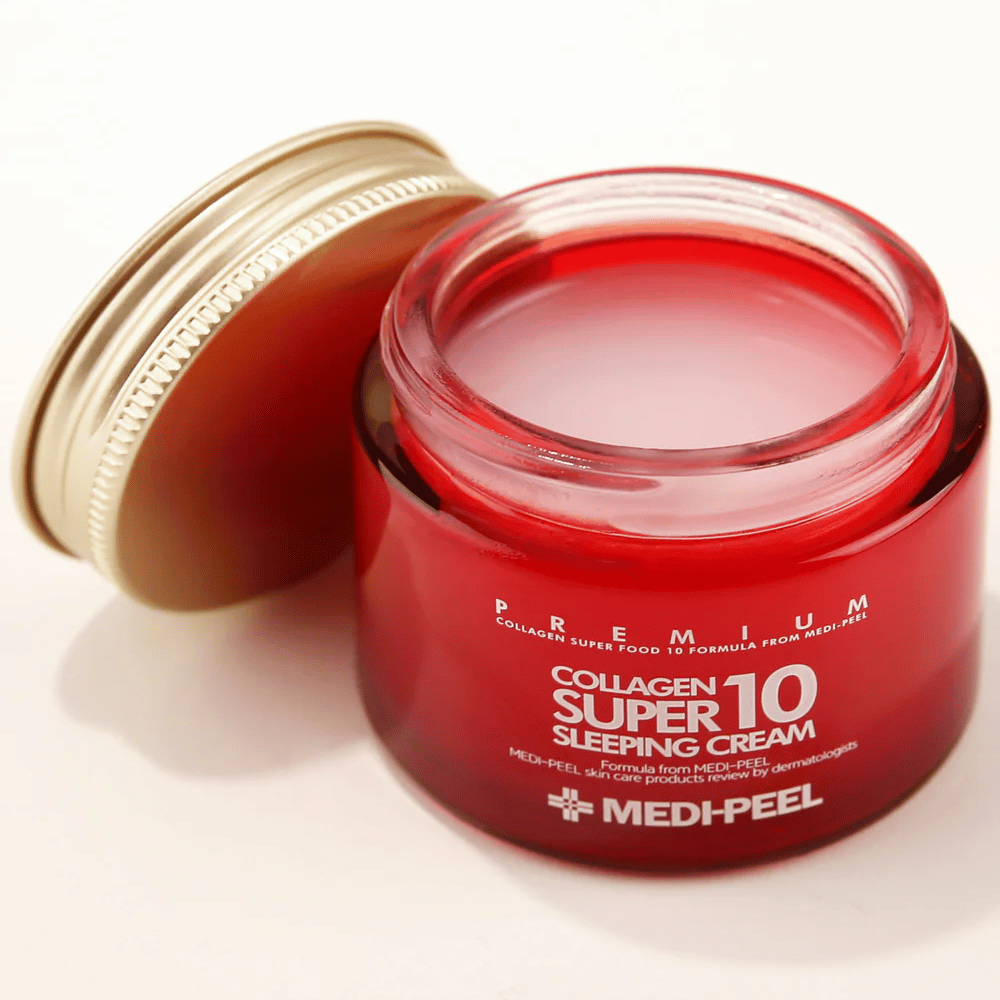 Nærbillede af MEDI-PEEL Collagen Super 10 Sleeping Cream med gelcreme-tekstur som absorberes natten over og giver intensiv fugt.