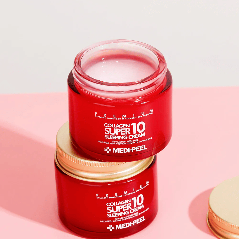 MEDI-PEEL Collagen Super 10 Sleeping Cream i premiumemballage – intensivt fugtgivende sleeping cream med kollagen til fastere og glattere hud.